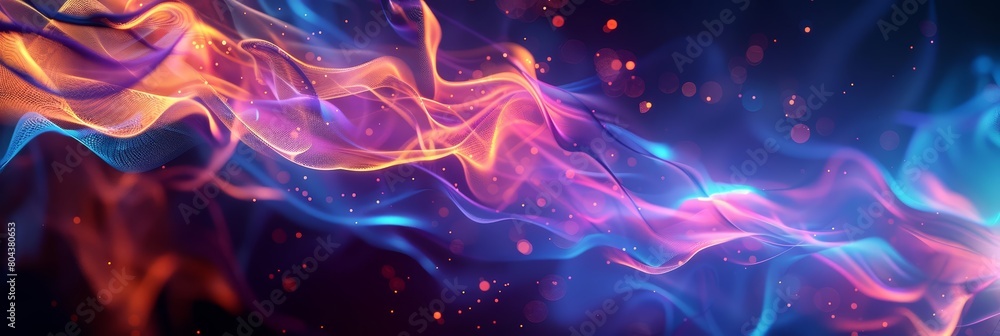 Colorful abstract background. Wavy and curved shapes with vibrant colors. Glowing particles and sparkles. Suitable for website banner, cover photo, or digital art.