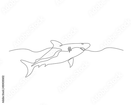 Continuous one line drawing of shark fish illustration. Great white shark simple outline vector design. Editable stroke.