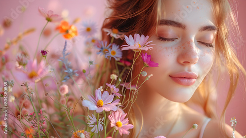 Woman Inhaling Serene Scent of Wildflower Bouquet in Meadow on Pink Background