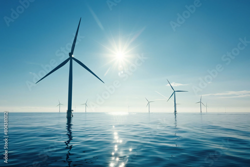 Offshore windmill farm. Renewable energy from the ocean for sustainability. Sustainable energy generation. Renewable energy production and sustainability. Large-scale offshore wind farm.