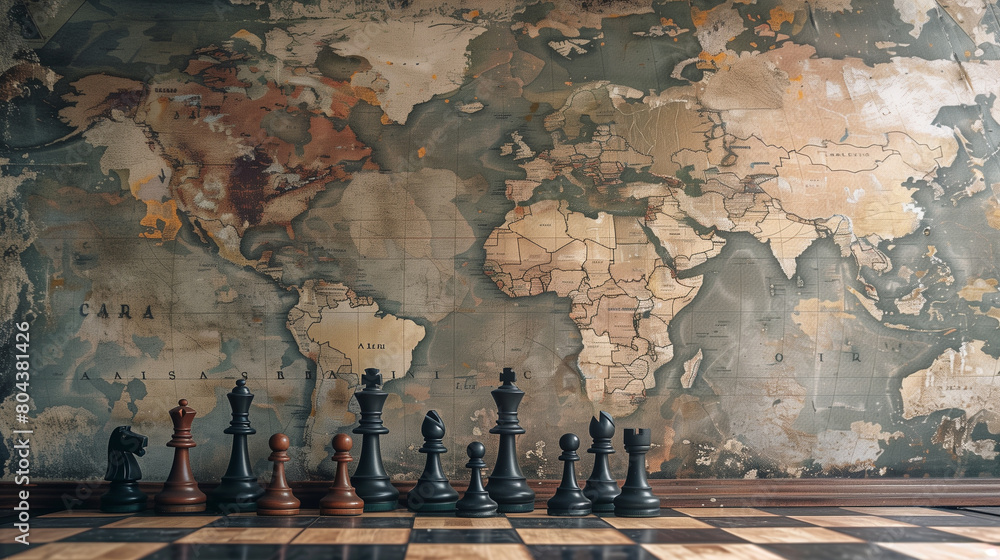 Chessboard with chess pieces located on world map background Chessboard with chess pieces located on world map background
