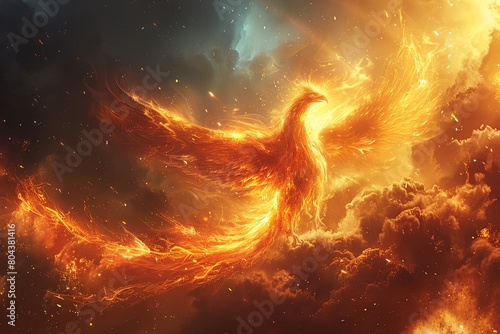 A digital painting of a phoenix rising from ashes, metaphorically representing transformation and rebirth in change management, with fiery colors and dramatic composition photo