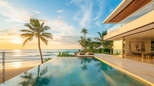 photograph of a luxury beachfront villa, with infinity pool overlooking the ocean, palm trees swaying in the breeze, and golden sands stretching into the distance © mittpro