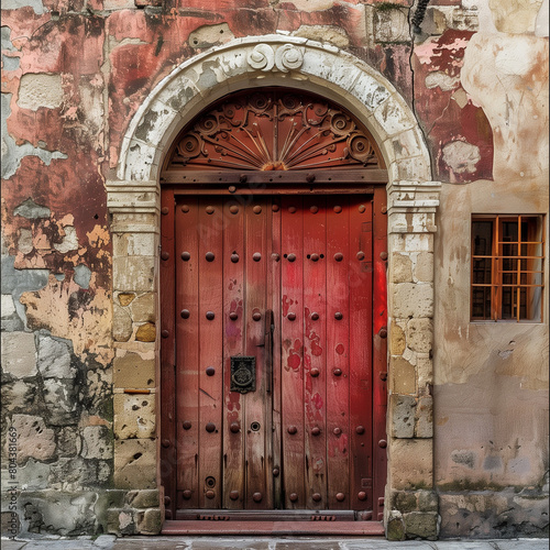 Vintage Red Door on Weathered Facade