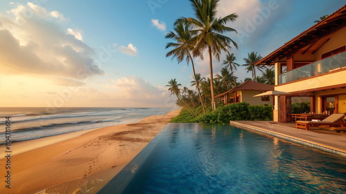 photograph of a luxury beachfront villa  with infinity pool overlooking the ocean  palm trees swaying in the breeze  and golden sands stretching into the distance