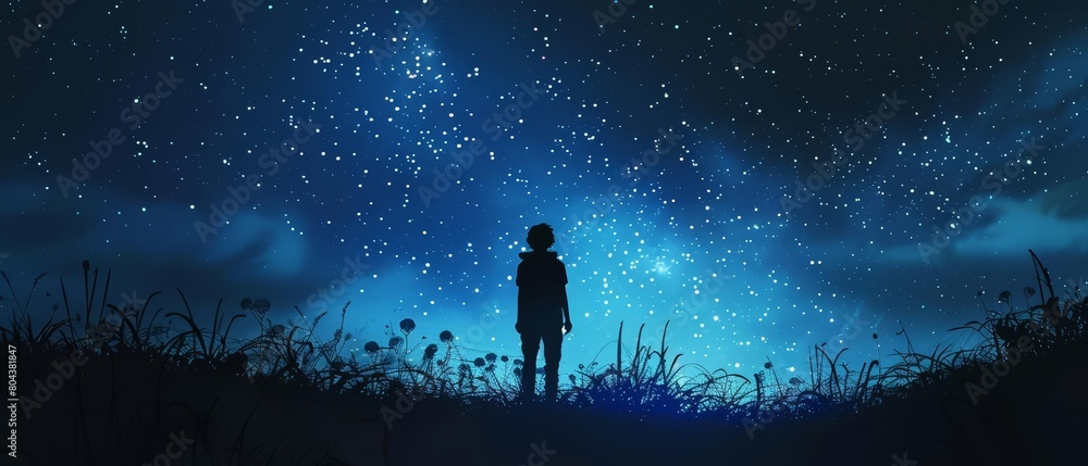 A boy stands in a field of wheat, looking up at the stars in the night sky. The Milky Way stretches across the sky, and the boy is filled with wonder at the beauty of the universe.