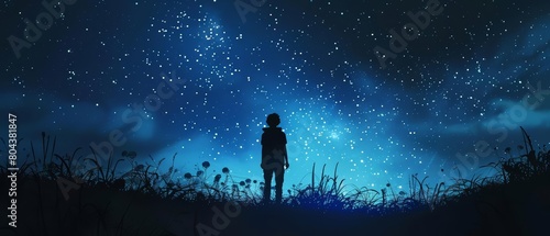 A boy stands in a field of wheat, looking up at the stars in the night sky. The Milky Way stretches across the sky, and the boy is filled with wonder at the beauty of the universe. © JK_kyoto
