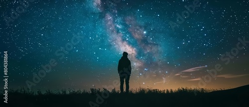 A man stands alone in a field, gazing up at the stars.