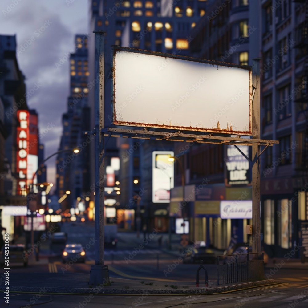 A large white billboard is lit up at night in a city street A large white billboard is lit up at night in a city street