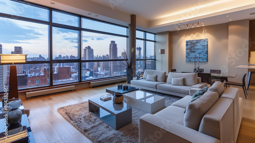 Photograph of a modern apartment living room, with stylish furniture