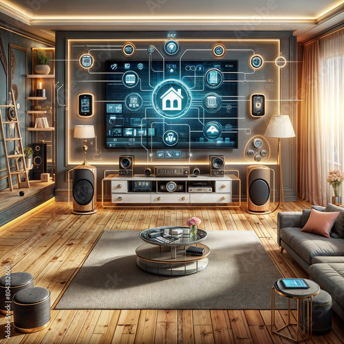 Automated Home Entertainment Systems, automated home entertainment systems with showing integrated audiovisual equipment, such as smart TVs, speakers, and streaming devices created with generative ai