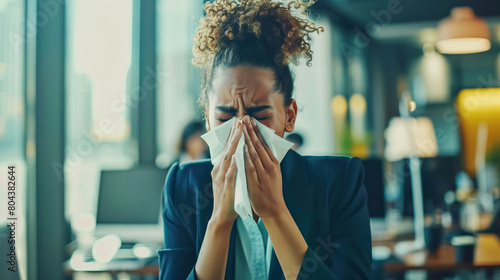 Sick exhausted woman employee sneezing blow nose with tissue, suffers from influenza virus in office photo