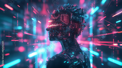 a digital artwork depicting a cybernetic creature composed of circuitry and glowing neon lights, standing against a backdrop of a virtual reality landscape filled with geometric shapes and digital art