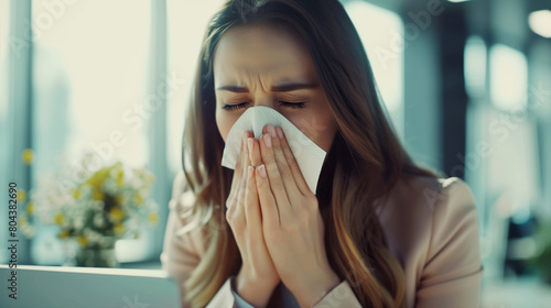 Sick exhausted woman employee sneezing blow nose with tissue, suffers from influenza virus in office