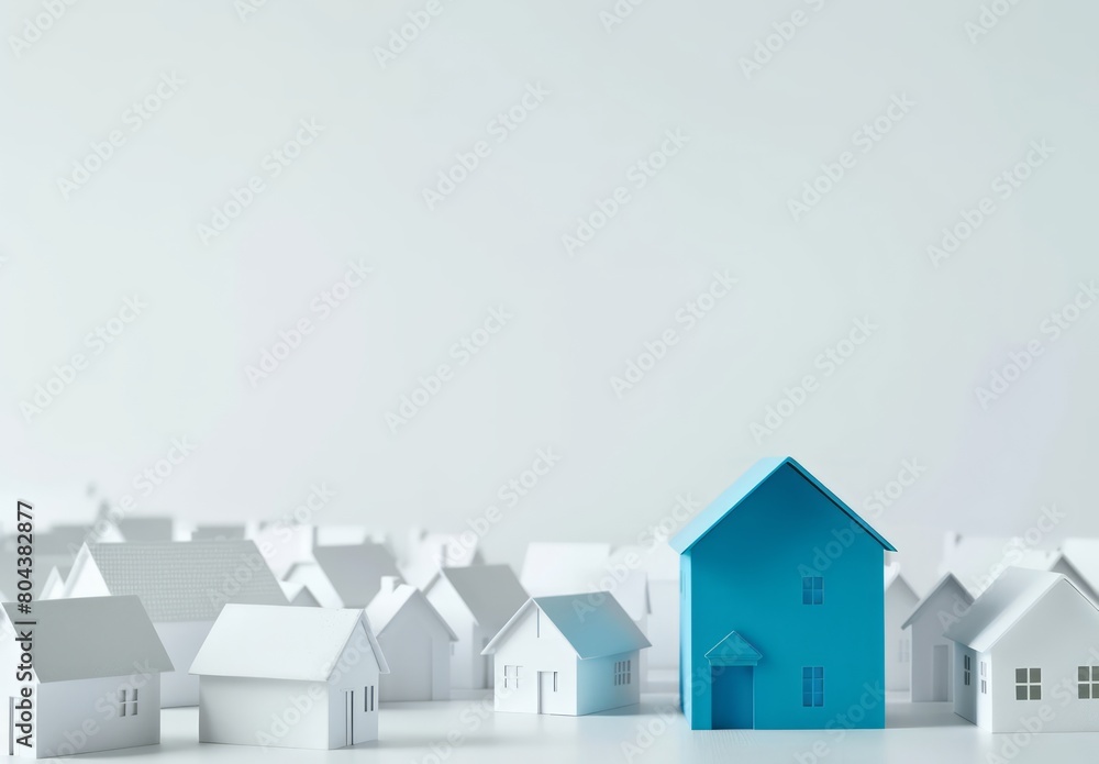 A blue house model surrounded by white houses