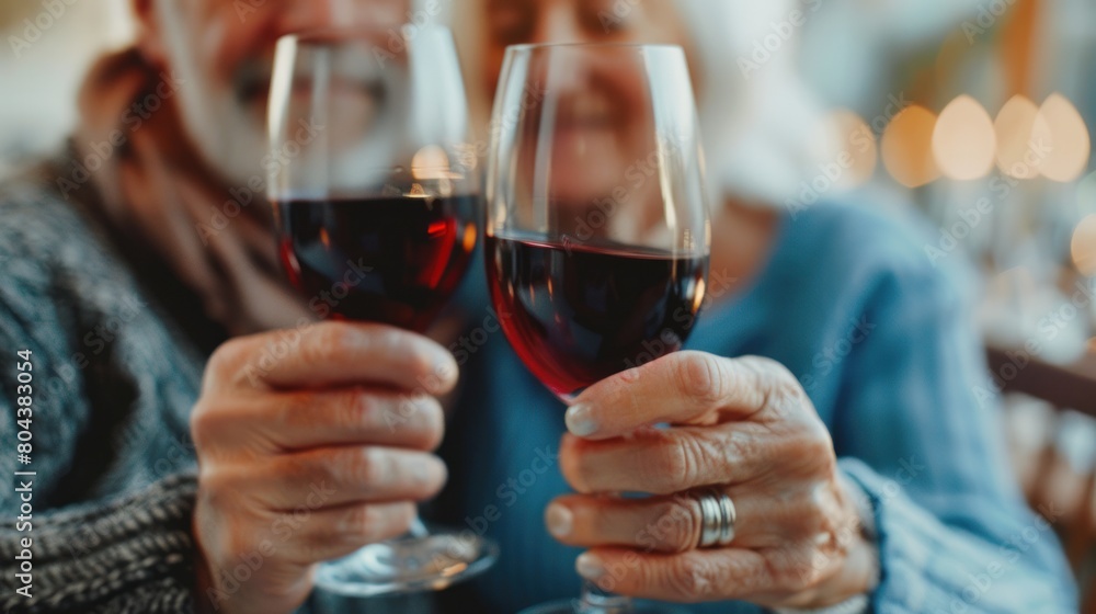 Man and woman drinking red wine. In the picture, close-up hands with glasses. They are celebrating their wedding anniversary. Man and woman drinking red wine. In the picture, close-up hands with glasses. They are celebrating their wedding anniversary.
