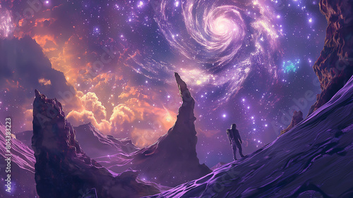 a digital painting of a cosmic traveler exploring an alien planet, with surreal landscapes and strange alien life forms, set against a backdrop of swirling galaxies and distant stars photo