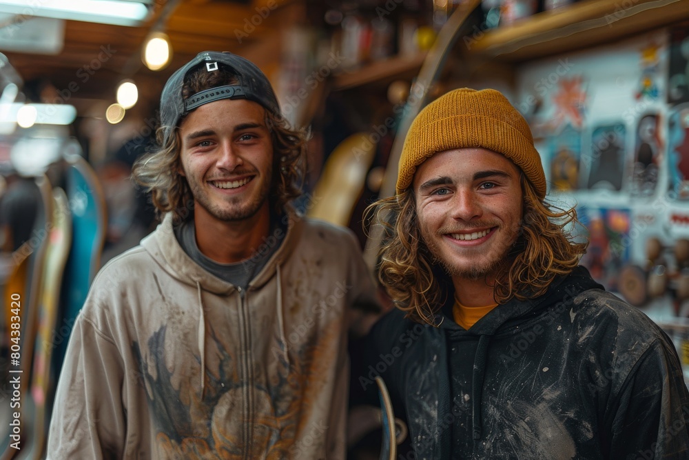 Twin brothers with surfboards smiling in a surf shop, giving off a relaxed vibe Twin brothers with surfboards smiling in a surf shop, giving off a relaxed vibe