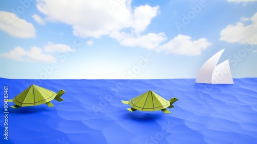 Green origami turtles swim in the wavy blue ocean towards a white origami sailboat on the horizon.