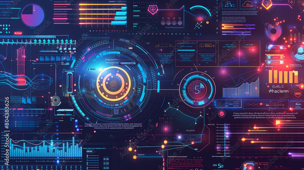 A dynamic infographic illustrating the impact of artificial intelligence on various industries, with colorful charts and graphs showcasing AI-driven innovations in healthcare, finance, transportation,