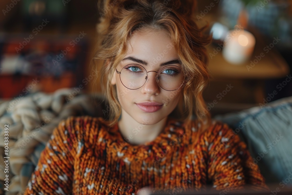 Serene woman wearing glasses and a knit sweater gives a gentle gaze towards the camera in a cozy environment Serene woman wearing glasses and a knit sweater gives a gentle gaze towards the camera in a cozy environment