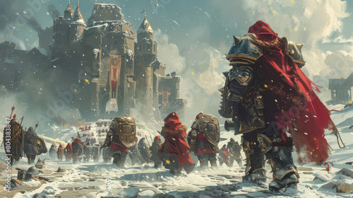 A horde of people in armor march towards a castle in winter
