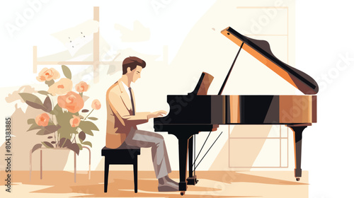 Man playing grand piano at home 2d flat cartoon vac