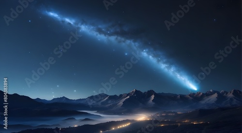 A stunning blue comet streaking through the night sky, leaving a trail of shimmering stars in its wake.