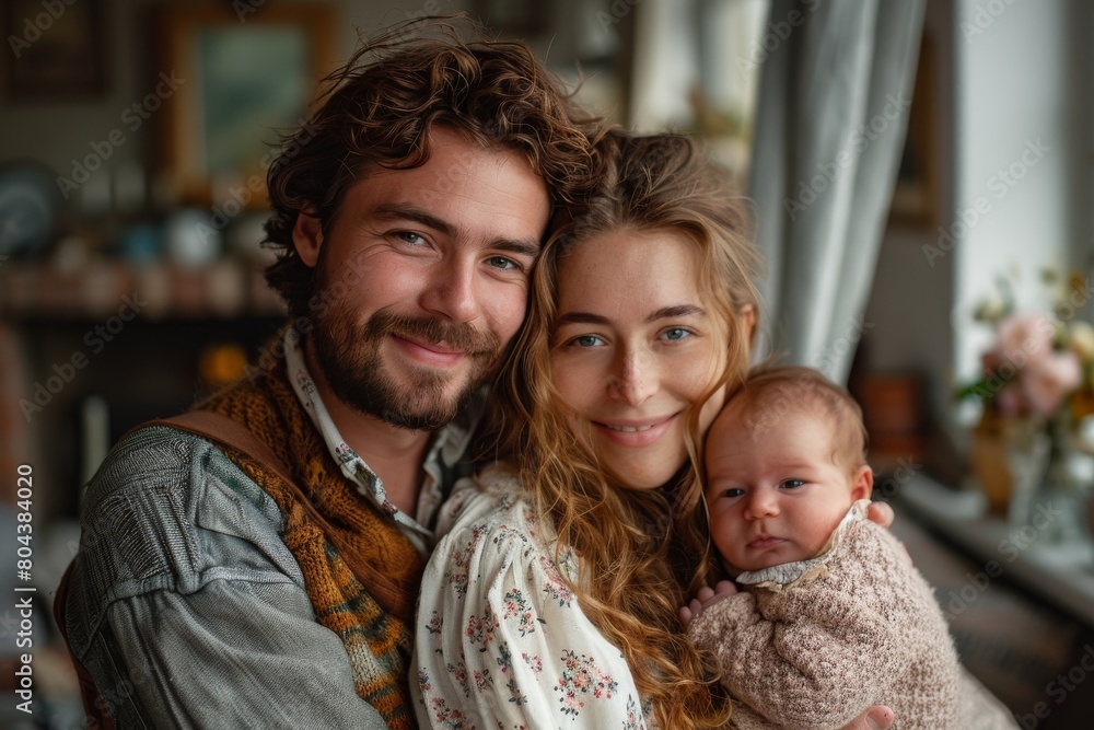 A happy couple holding their baby, sharing a tender moment together, creating a sense of warmth and love A happy couple holding their baby, sharing a tender moment together, creating a sense of warmth and love