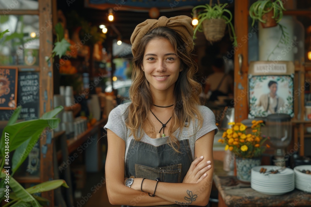 Confident young woman with a welcoming smile stands in a cafe environment, giving off a happy entrepreneurial vibe Confident young woman with a welcoming smile stands in a cafe environment, giving off a happy entrepreneurial vibe