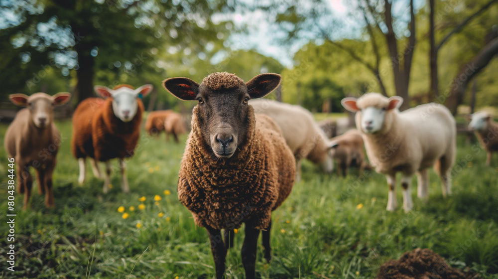 Sheep grazing in green field, focus on brown sheep, natural light, rural farm animal in countryside Sheep grazing in green field, focus on brown sheep, natural light, rural farm animal in countryside