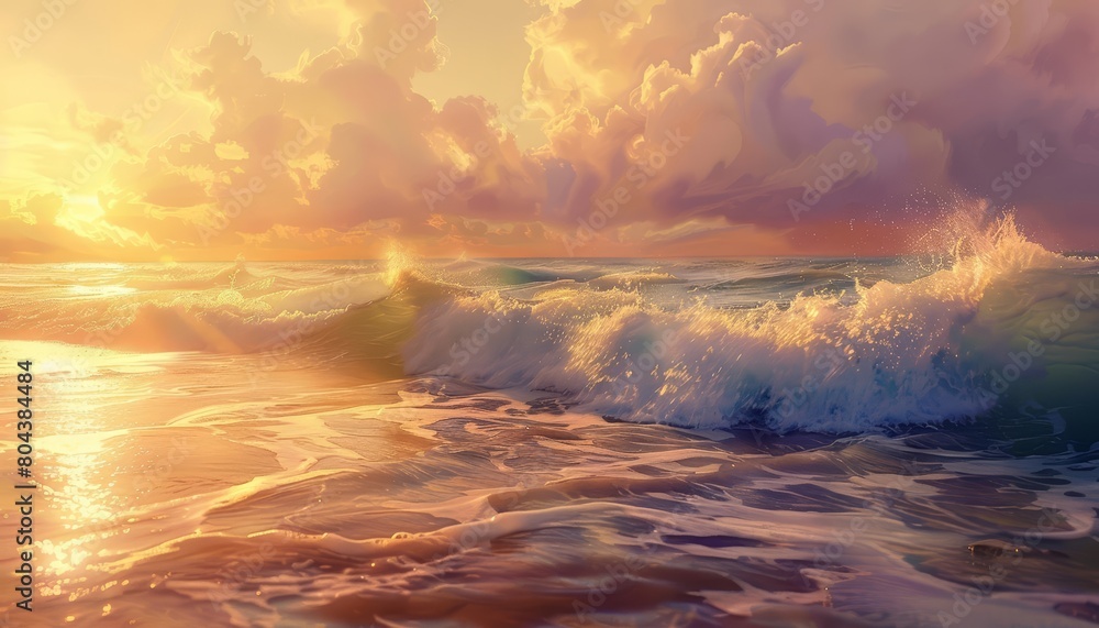 Fototapeta premium A beautiful sunset over the ocean. The warm colors of the sky and the gentle waves crashing on the shore create a peaceful and relaxing scene.