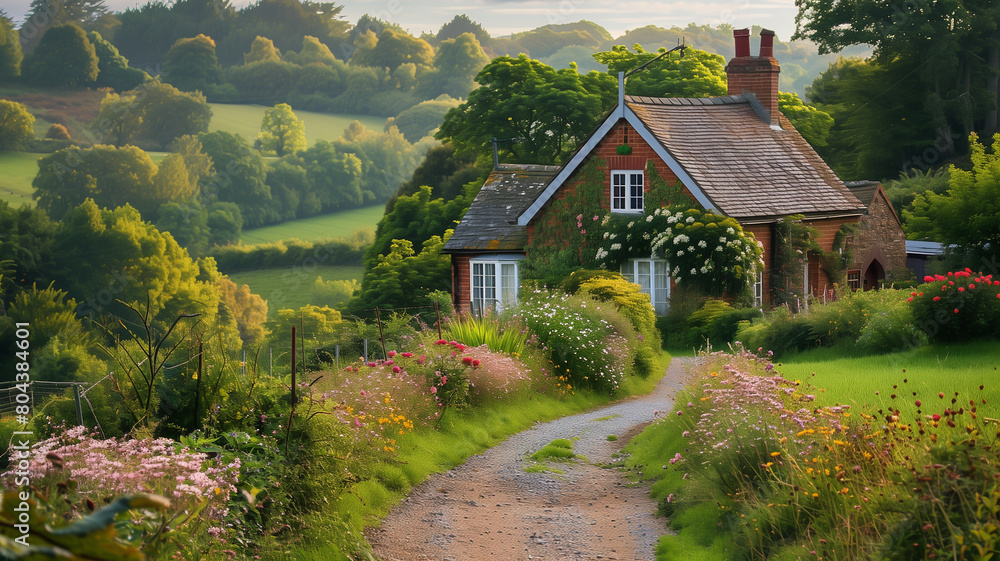 Photograph of a charming countryside cottage nestled amidst rolling hills and scenic landscapes