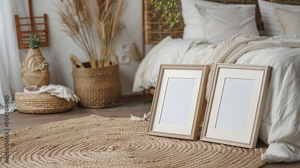 close up photo of frame mockups laying on the floor, leaning against each other in front of bed with white linen and wooden headboard, cozy bedroom interior, brown carpet with texture pattern