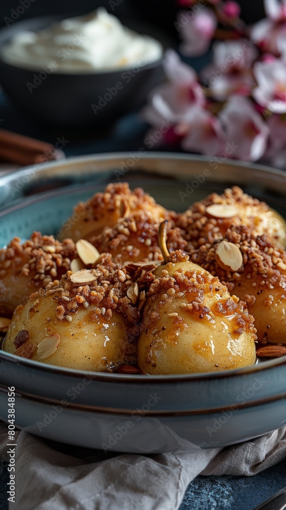 Caramelized Pears with Whipped Cream Dessert. Elegant caramelized pears topped with granola and almonds, served with whipped cream. Caramelized Pears with Whipped Cream Dessert. Elegant caramelized pears topped with granola and almonds, served with whipped cream.