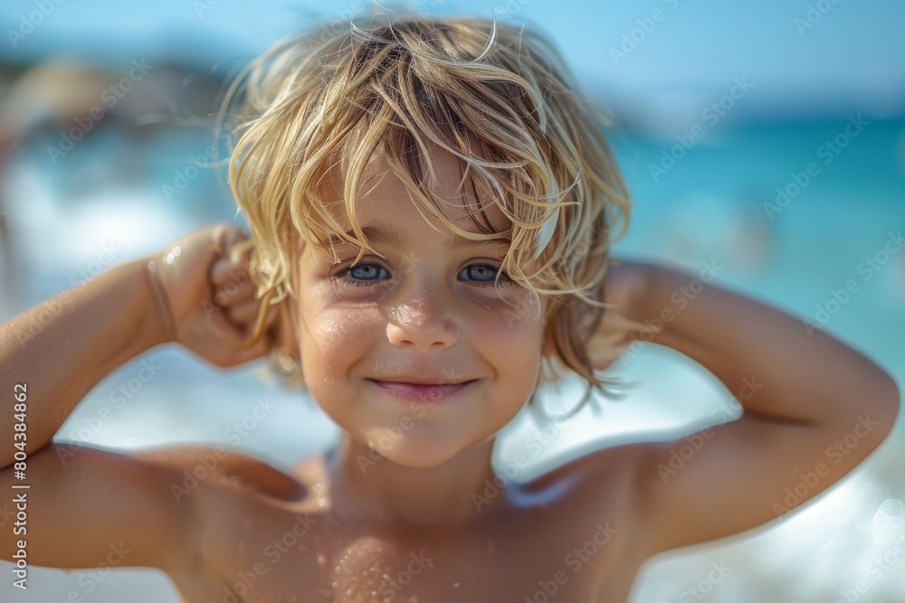 A cheerful young boy with wet, sandy hair smiles at the camera, with a vibrant blue sea and sky in the background A cheerful young boy with wet, sandy hair smiles at the camera, with a vibrant blue sea and sky in the background
