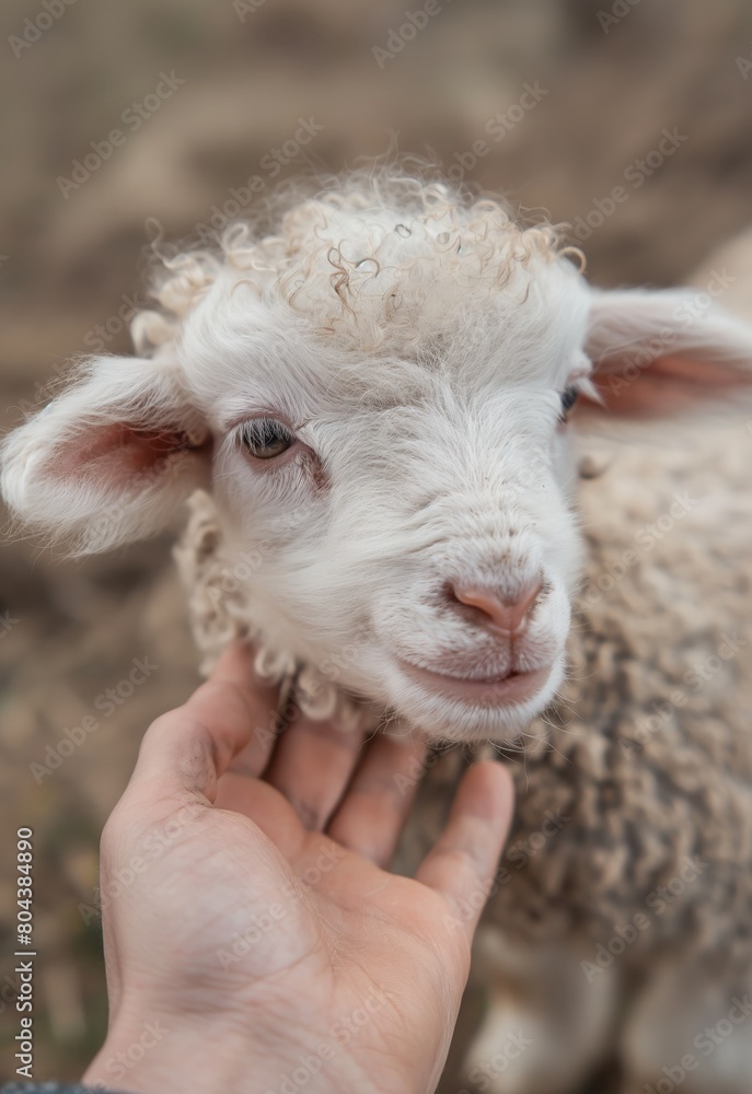 Obraz premium Closeup of hand gently petting lamb in natural light, outdoor rural setting, soft focus, concept of animal care and connection with nature, for farm animal welfare themes, countryside lifestyle, or pe