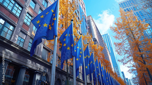 Many european union flags fly over the building. EU flag on the street of a European city. photo