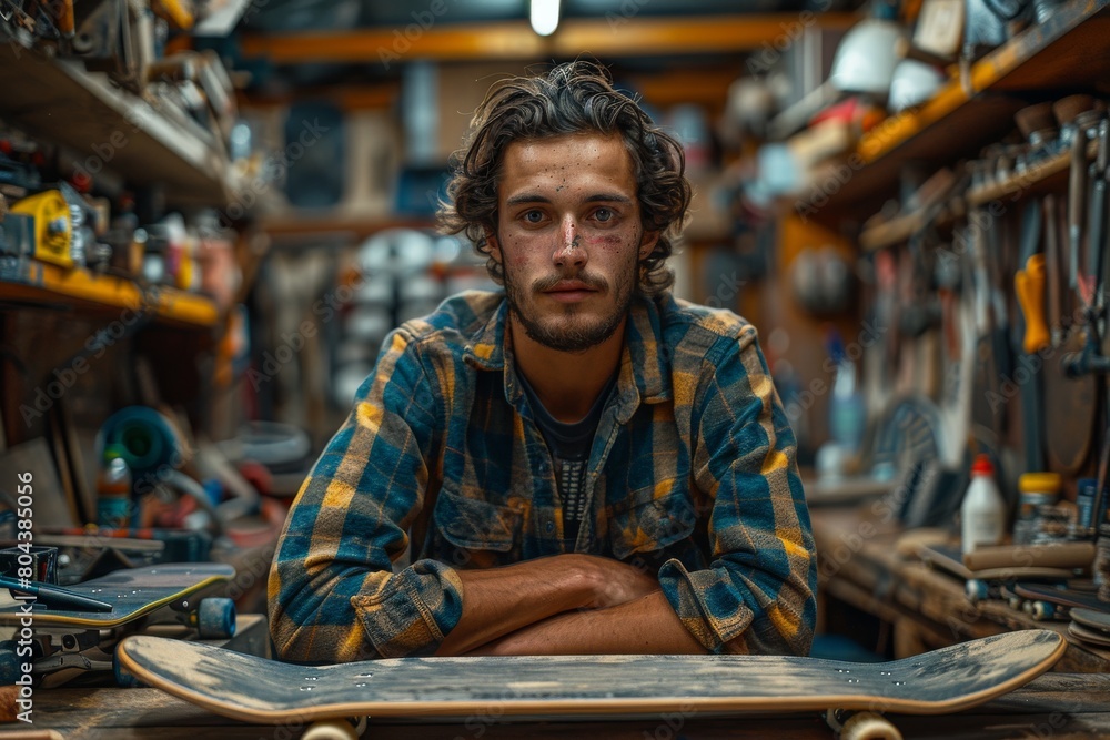 Pensive man in a plaid shirt rests on a skateboard, surrounded by workshop tools and equipment Pensive man in a plaid shirt rests on a skateboard, surrounded by workshop tools and equipment