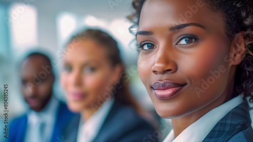 Portrait of attractive confident black businesswoman while business meeting in the office. Female leader of the commercial company.