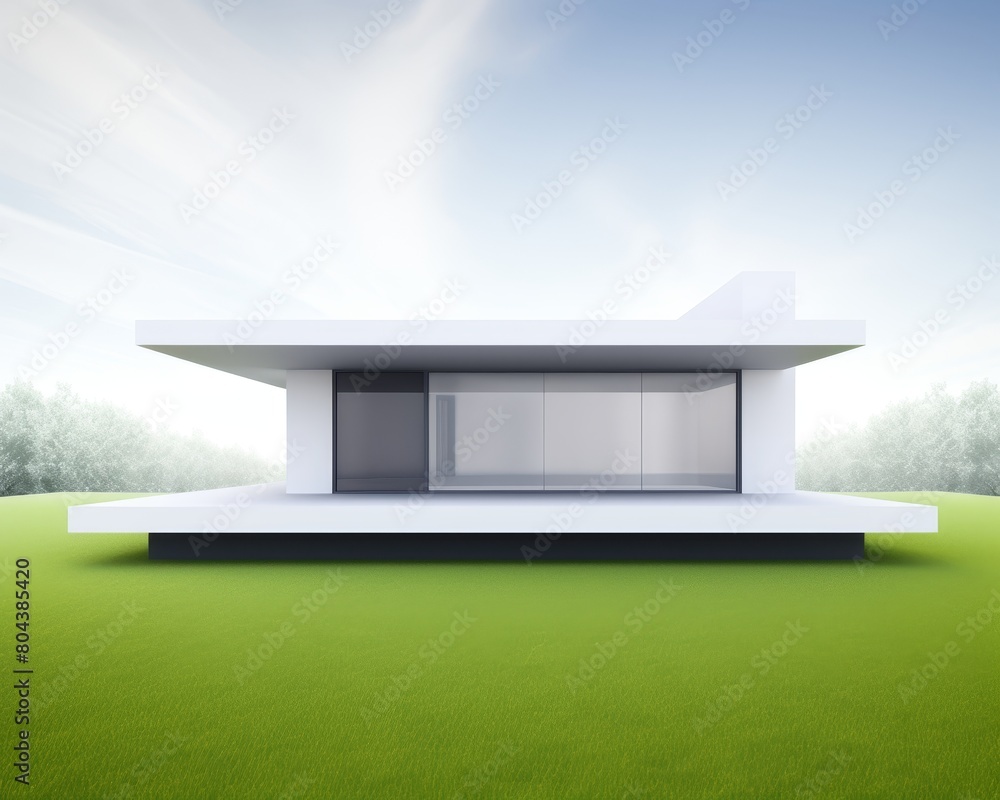 The image shows a modern house with large glass windows and a flat roof. The house is surrounded by a green lawn and has a minimalist design. The image shows a modern house with large glass windows and a flat roof. The house is surrounded by a green lawn and has a minimalist design.