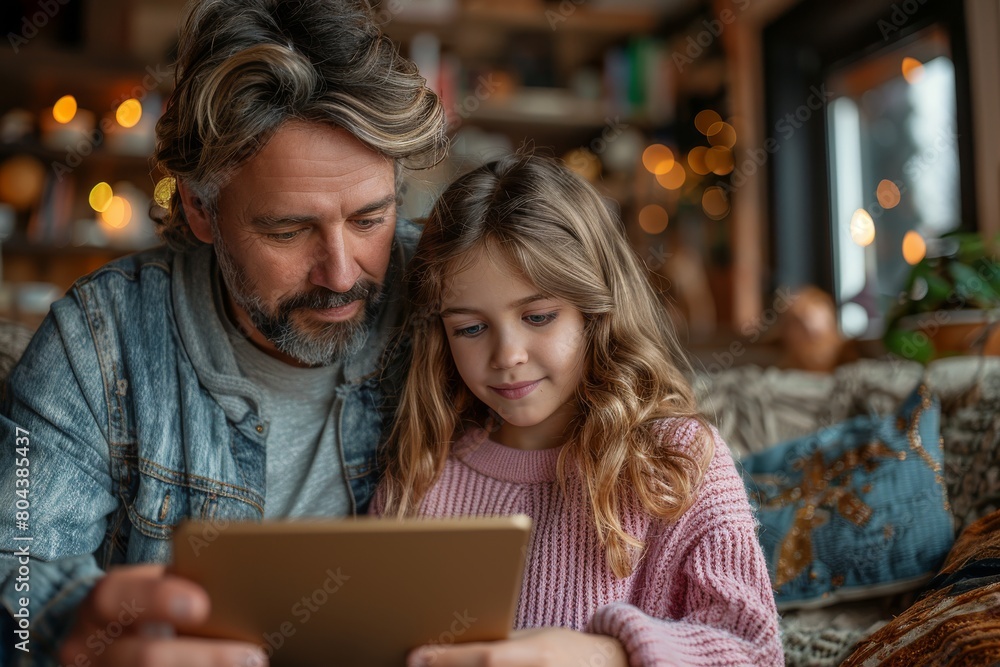 Adult male and child engrossed in using a digital tablet together in a cozy home environment, symbolizing learning and bonding Adult male and child engrossed in using a digital tablet together in a cozy home environment, symbolizing learning and bonding