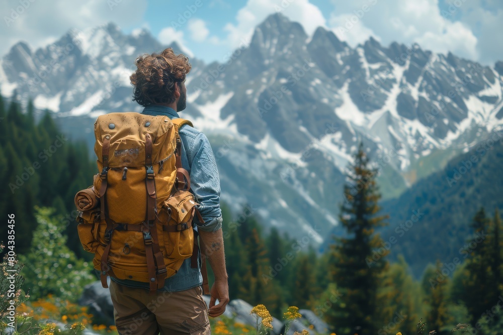 A person with a backpack looks onward to a spectacular range of white-topped mountains and a clear blue sky A person with a backpack looks onward to a spectacular range of white-topped mountains and a clear blue sky