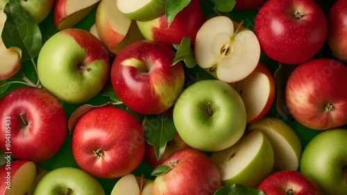 Top view of vibrant red and green apples with leaves, creating a colorful and refreshing background. The assortment includes whole and sliced apples, ideal for healthy lifestyle themes