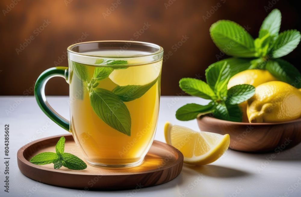 Green tea with lemon and mint in glass cup on wooden plate. Herbal fresh tea for breakfast and healing Green tea with lemon and mint in glass cup on wooden plate. Herbal fresh tea for breakfast and healing