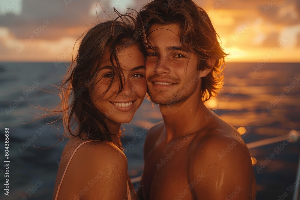 A young couple soaked in water are embracing and smiling at the beach during sunset, with golden hour light A young couple soaked in water are embracing and smiling at the beach during sunset, with golden hour light