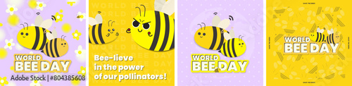 Set of Cute and Colorful World Bee Day Poster Cards. Flying Cartoon Bees with tiny arms and smiling faces. Bee-lieve in the power of our pollinators! Funny Pun. Celebrated on May 20. Vector.