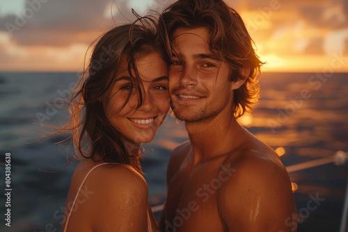 A young couple soaked in water are embracing and smiling at the beach during sunset  with golden hour light