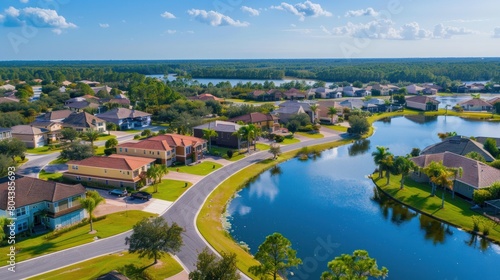 Subdivision in Florida located beside a lake Aerial skyline shot