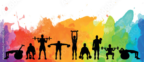 Detailed vector illustration silhouettes strong rolling people set girl and man sport fitness gym body-building workout powerlifting health training dumbbells barbell. Healthy lifestyle	